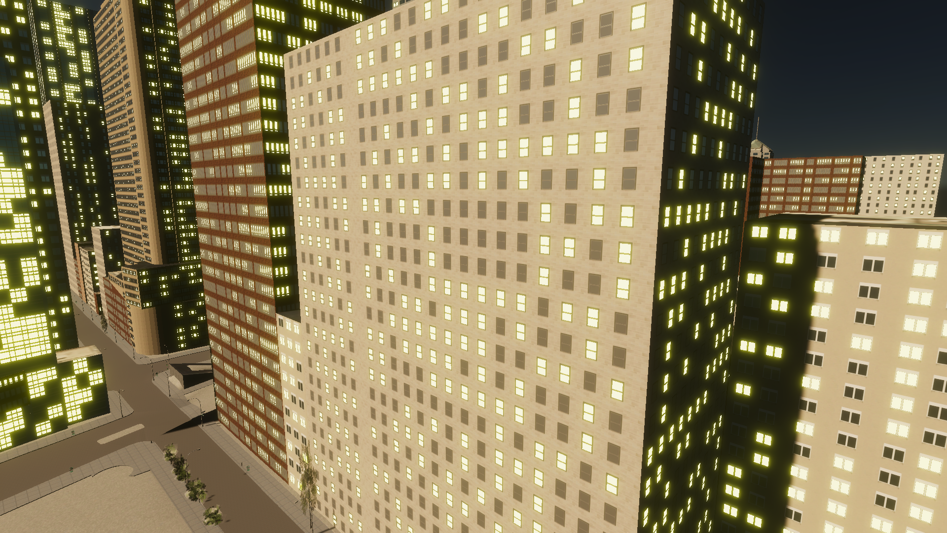This shows buildings with half of the windows glowing.