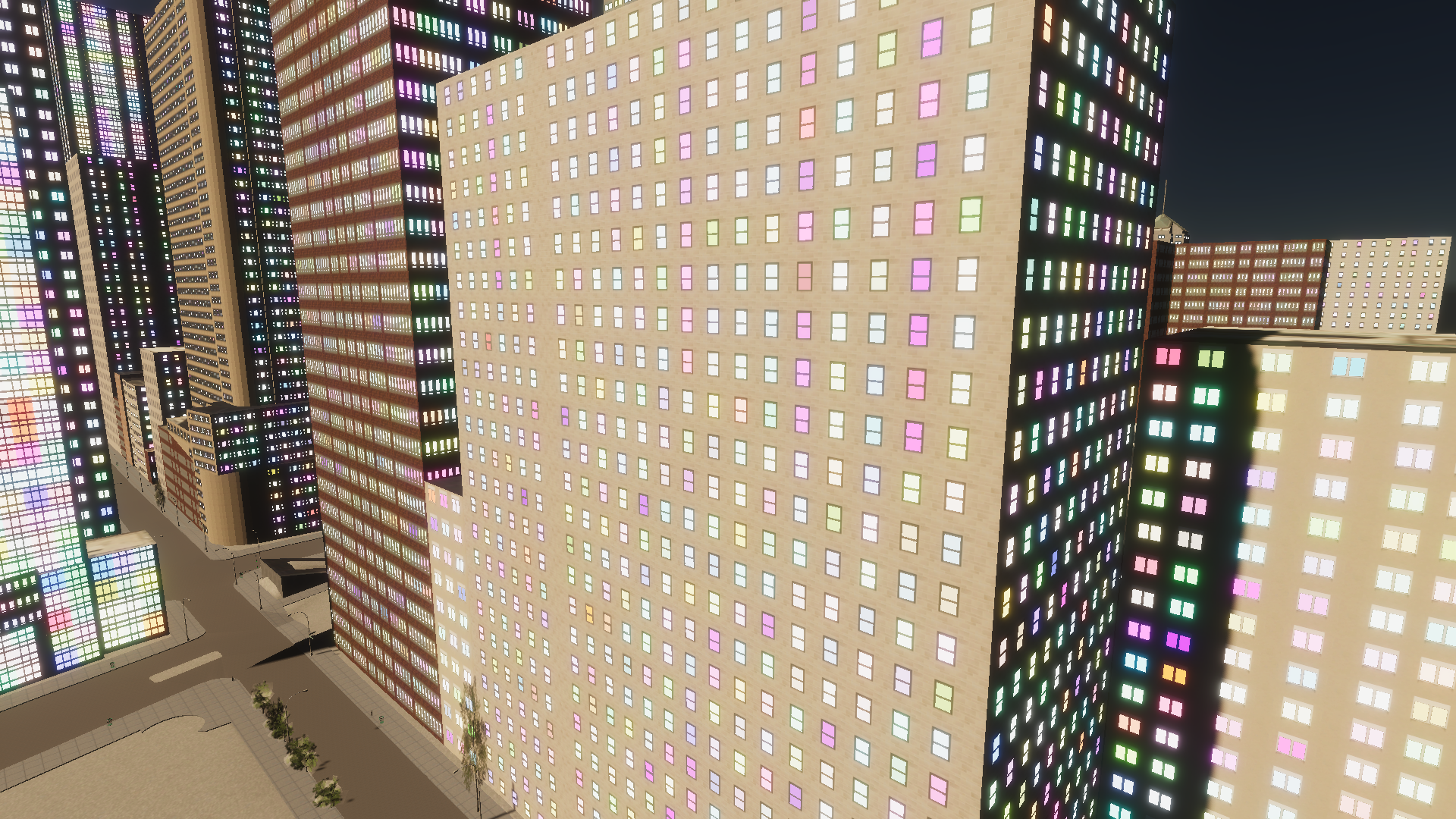 The result of this shader. Each window is lit up with a different color.