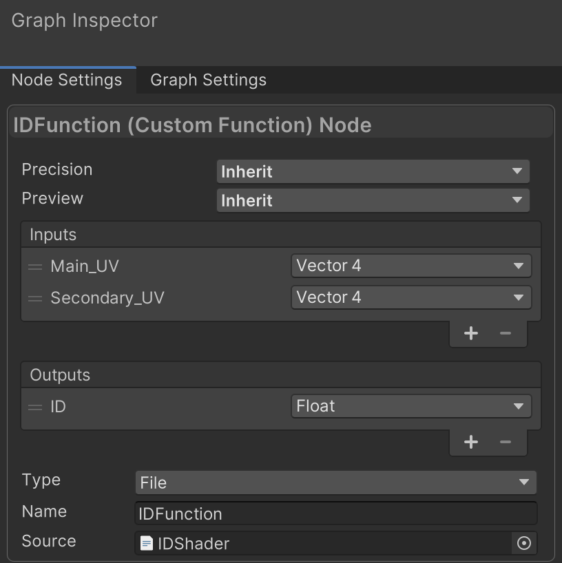 The node settings for IDFunction. "Main_UV" and "Secondary_UV" are both configured as "Vector 4" inputs. "ID" is configured as a "Float" output. The name of this function is set to "IDFunction" and the source points to the "IDShader.hlsl" file.