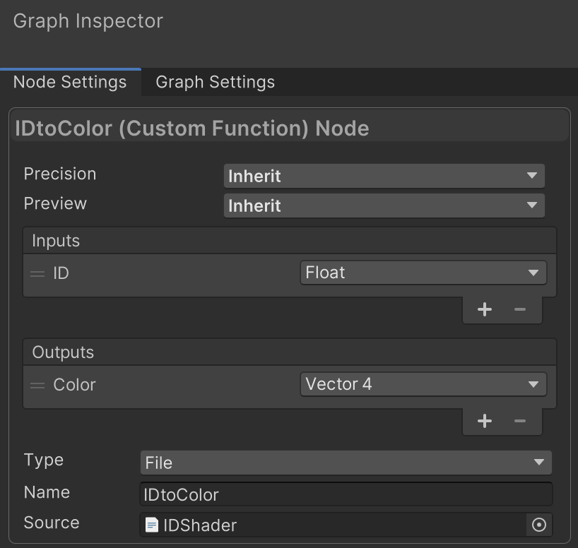 The node settings for IDtoColor. "ID" is configured as a "Float" input. "Color" is configured as a "Vector 4" output. The name of the function is set to "IDtoColor" and the source points to the "IDShader.hlsl" file.