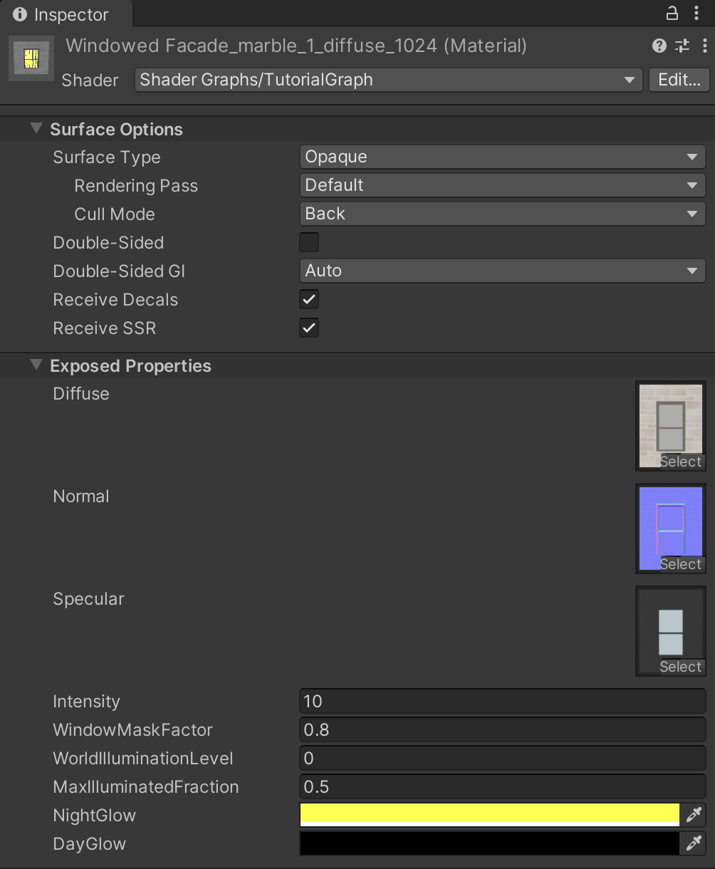 A material configured with the shader and properties as described above.