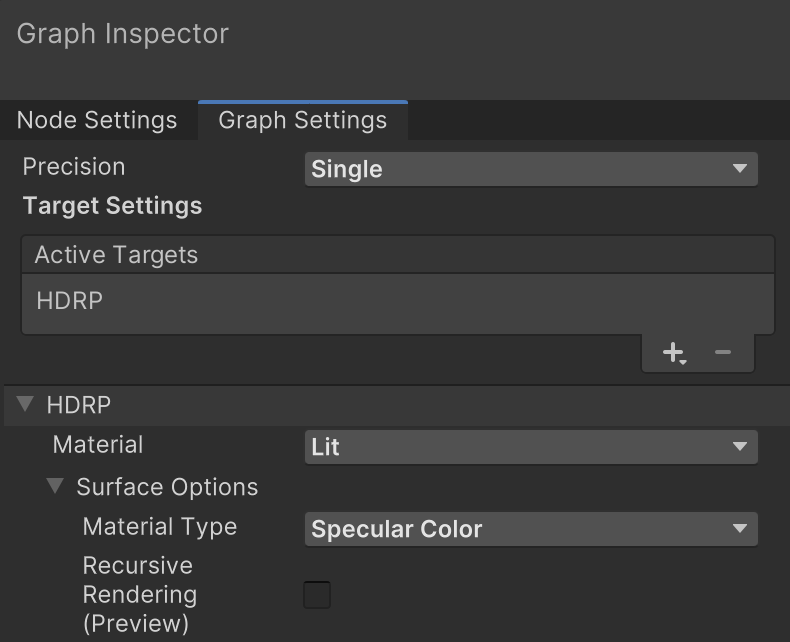The ShaderGraph settings. The Material Type has been changed to "Specular Color"