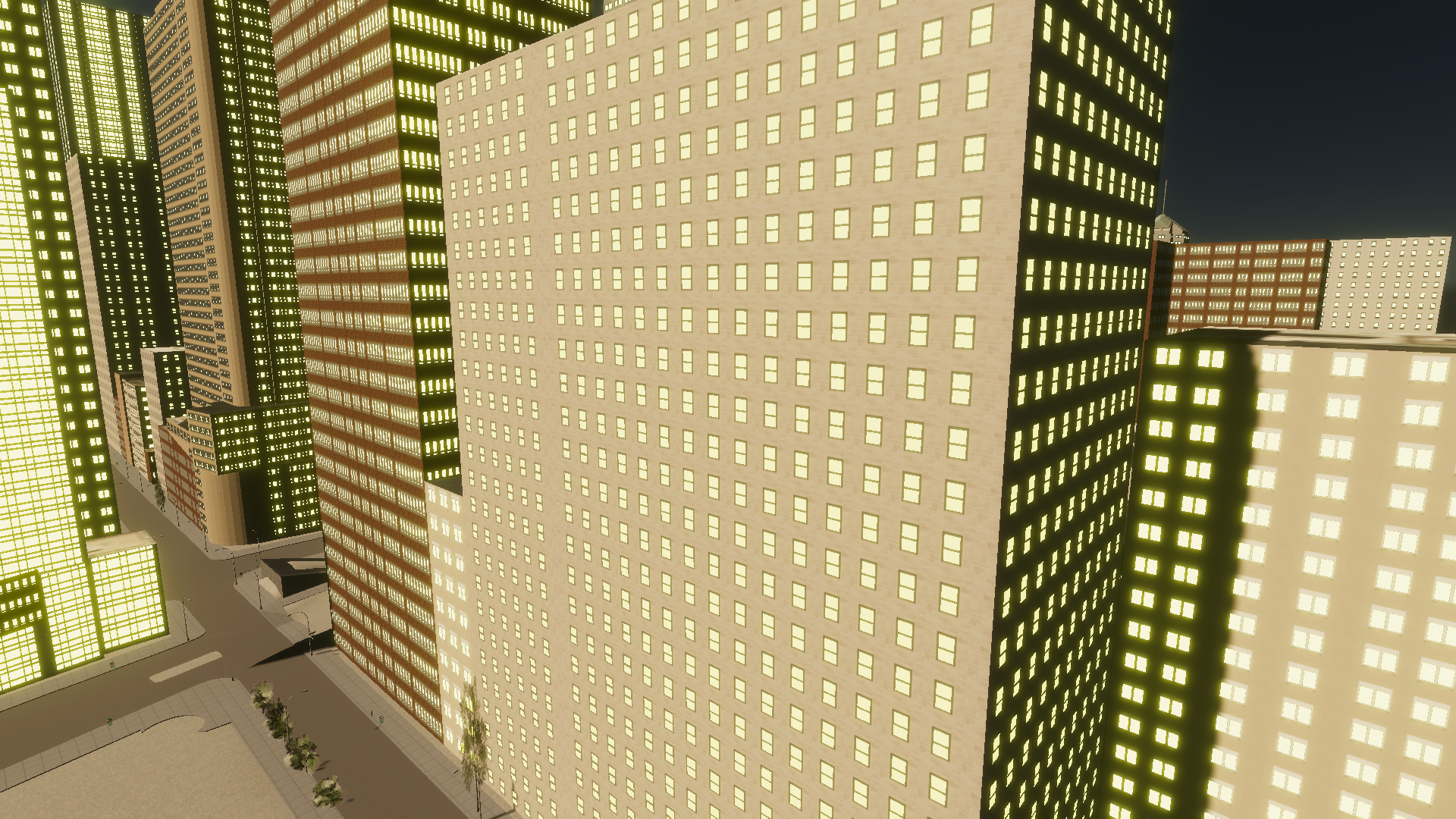 The result of adding the step node. Now only the parts of the building with windows are glowing.